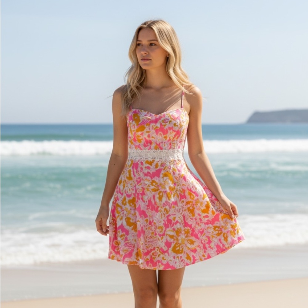 Lilly Pulitzer Lenore Lace Cutout mini Dress fit flare Pocket Pink Ooh La La 2